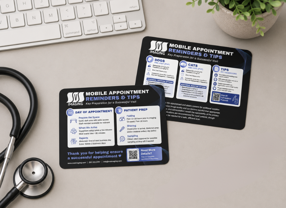 Mobile ultrasound appointment reference cards for veterinary clinic teams Mobile ultrasound appointment reference cards for veterinary clinic teams