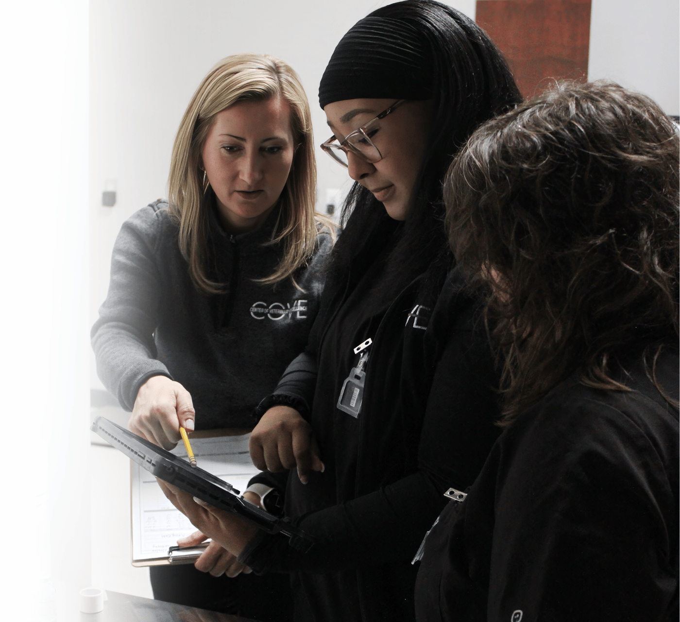 Veterinary professionals collaborating in a modern outpatient veterinary imaging center during patient care. Veterinary professionals collaborating in a modern outpatient veterinary imaging center during patient care.